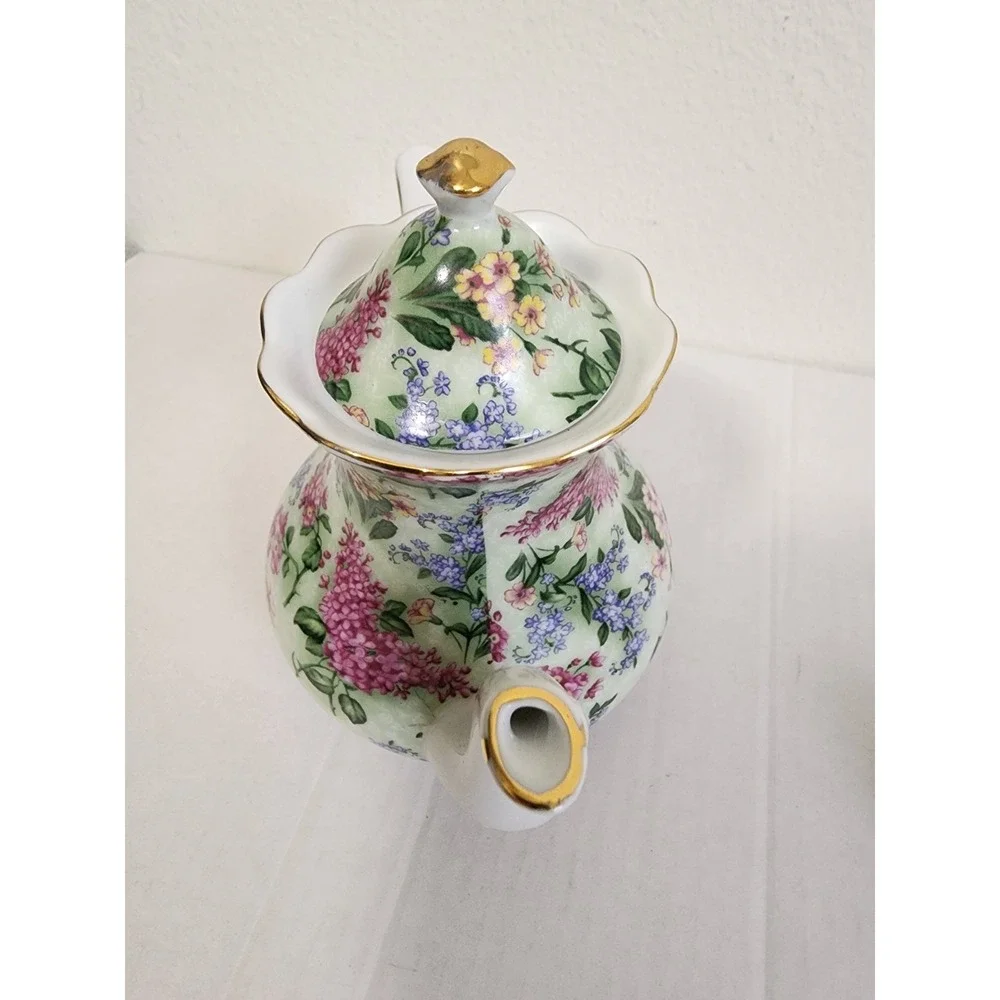 Victoria's Garden Floral Porcelain Teapot Gold Trim Pink Purple Flowers 6